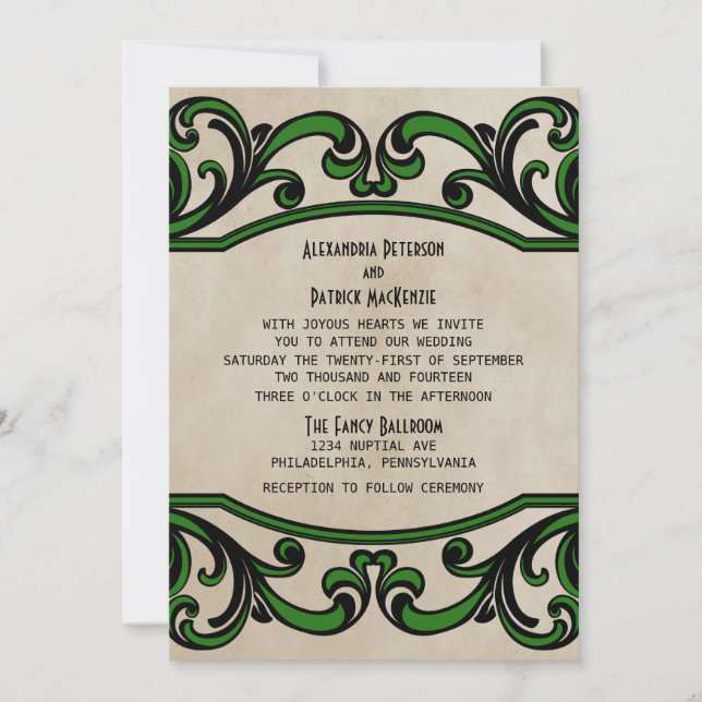 Invitation au mariage des perles gothiques vertes (Devant)