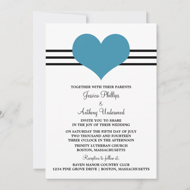 Invitation au mariage du coeur, bleu (Devant)