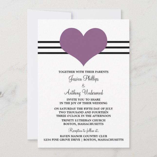 Invitation au mariage du coeur mod, violet (Devant)