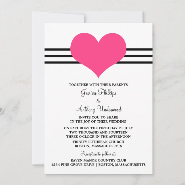 Invitation au mariage du coeur, rose (Devant)