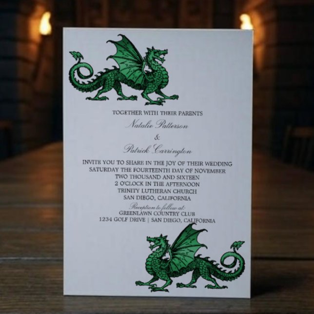 Invitation au mariage du dragon médiéval vert (Green Medieval Dragon Wedding Invite)