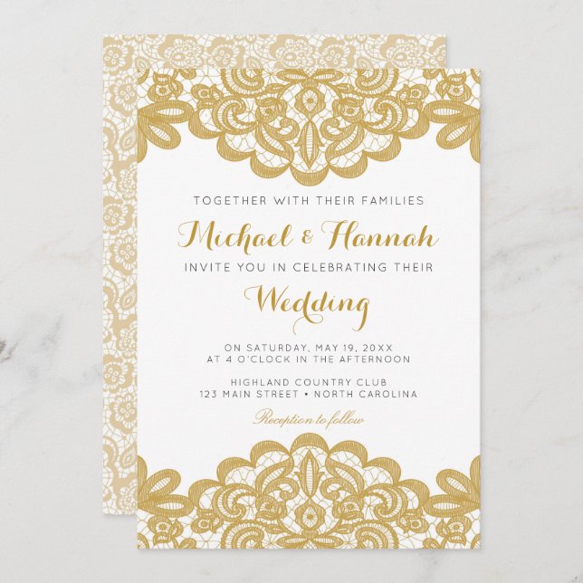 Invitation au mariage élégante à la dentelle d'or (Devant / Derrière)