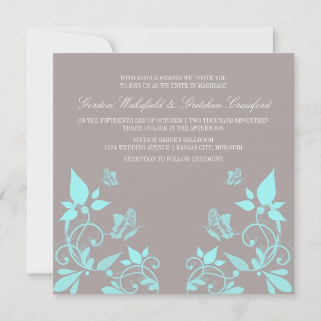 Invitation au mariage floral du papillon Aqua (Devant)
