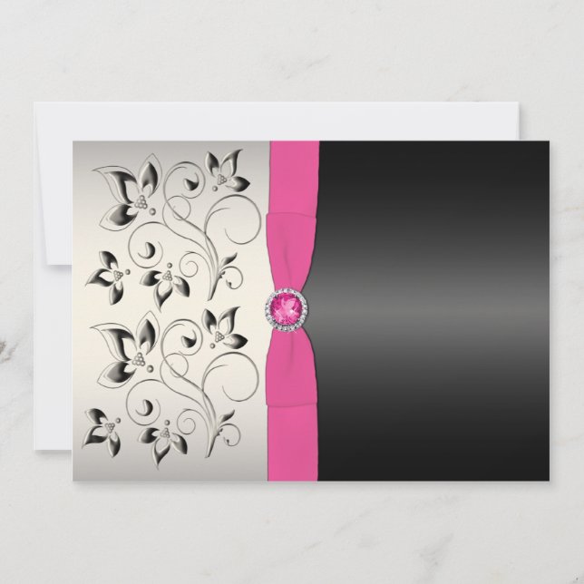 Invitation au mariage floral en gris noir rose noi (Devant)