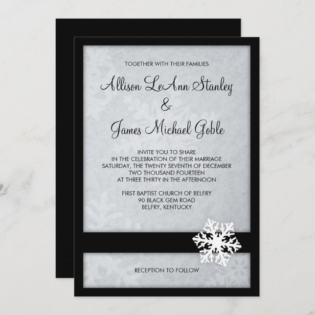 Invitation au mariage hivernal de Snowflake - Noir (Devant / Derrière)