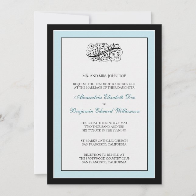 Invitation au mariage noir/bleu simple 5x7 (Devant)