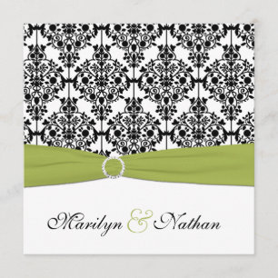 Invitation au mariage vert, blanc et noir Damask I