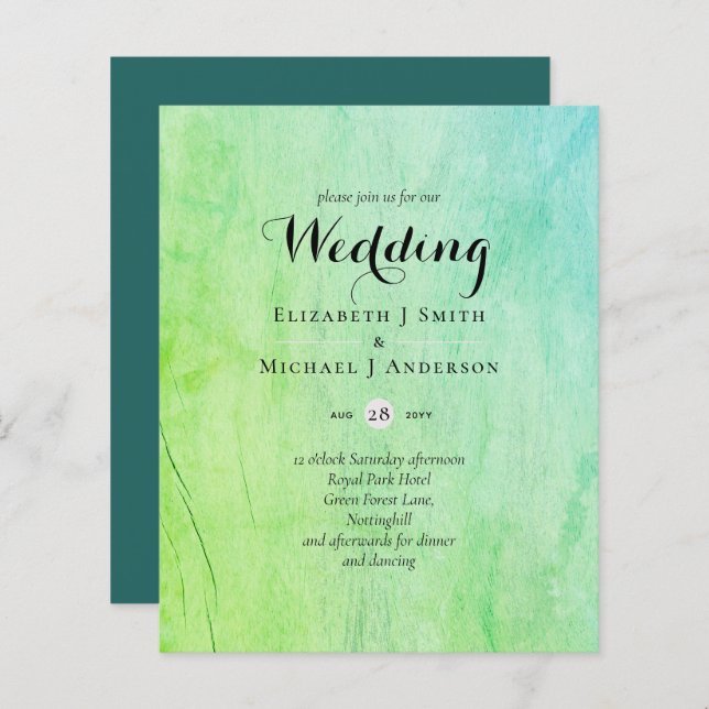 Invitation au mariage vert Turquoise BUDGET (Devant / Derrière)