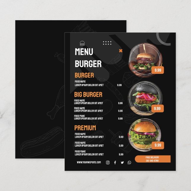 Invitation au menu du restaurant de burgers élégan (Devant / Derrière)