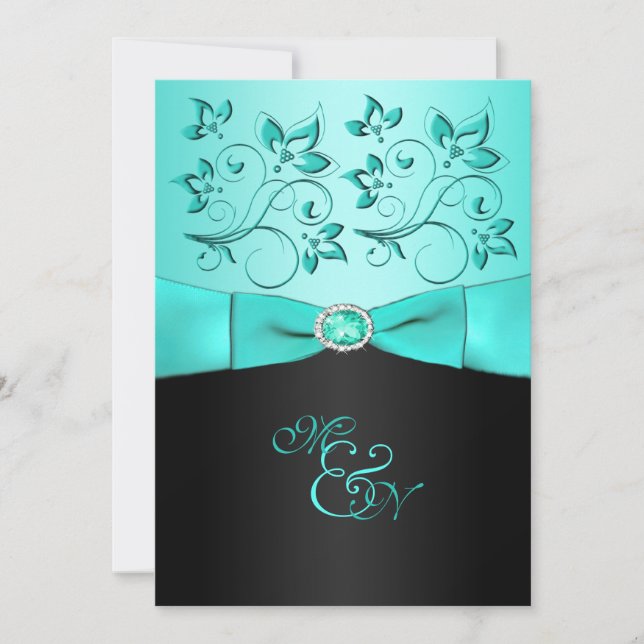 Invitation au Monogramme Aqua et Black Floral II (Devant)
