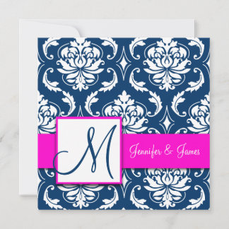 Invitation au monogramme Damas bleu de la marine d