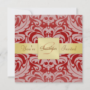 Invitation au monogramme de ruban doré Damask Red 