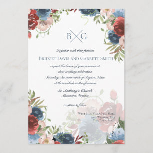 Invitation au Monogramme Floral Bourgogne et bleu