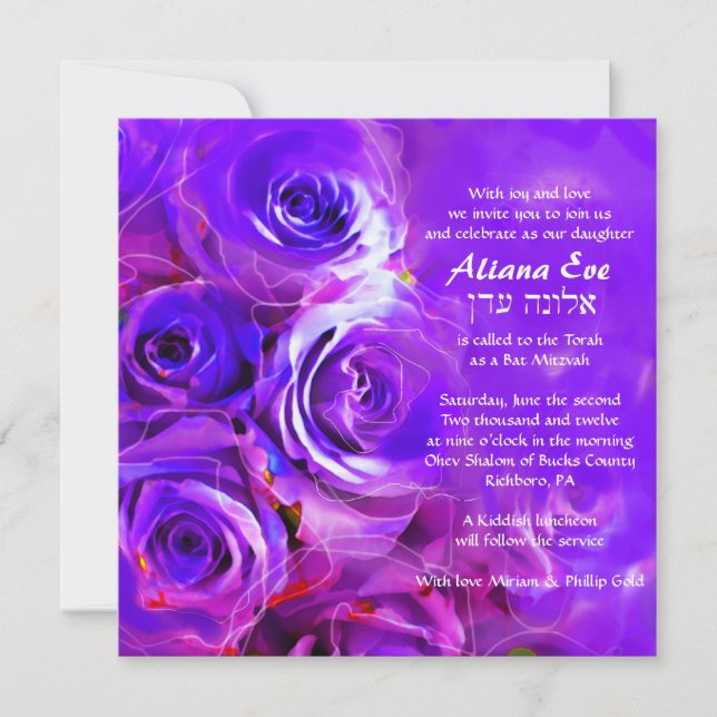 Invitation AU NÉON de bat mitzvah de ROSES (Devant)