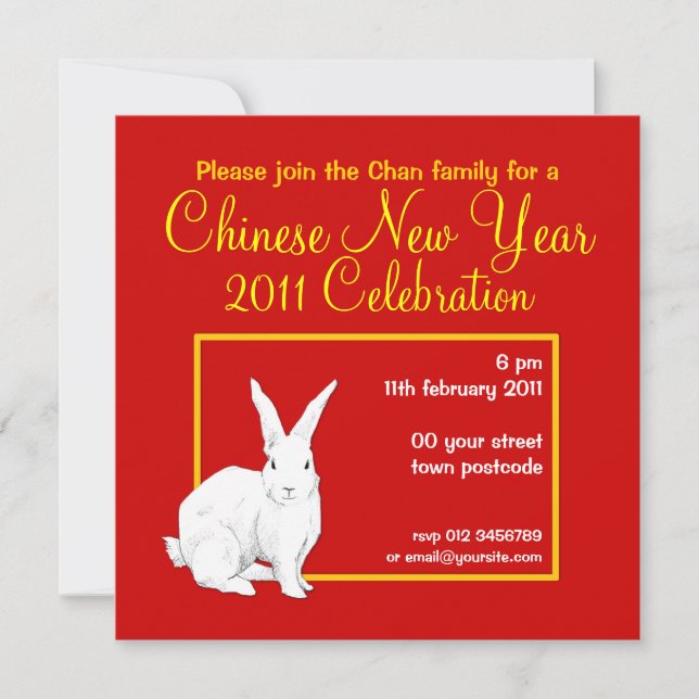 Invitation au Nouvel An chinois rouge lapin (Devant)