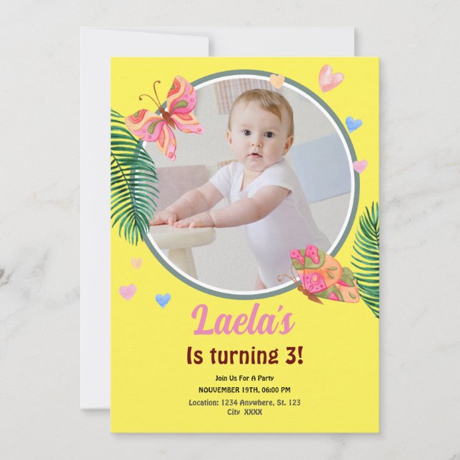 Invitation au papillon d'anniversaire jaune avec p (Devant)