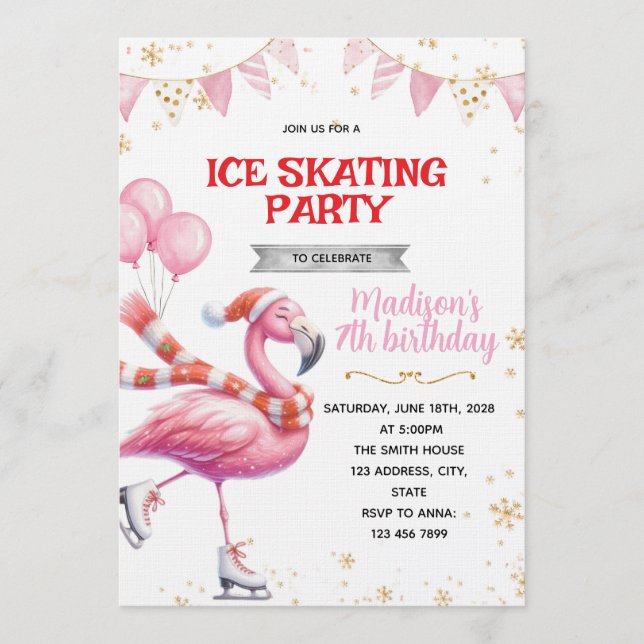 Invitation au patinage sur glace Flamant Rose (Devant)