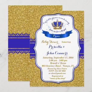 Invitation au petit Baby shower Prince, or, bleu