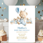 Invitation au premier anniversaire de Blue Bear Bo<br><div class="desc">Invitation au premier anniversaire de Dusty Blue Bear Boy Beary,  invitation anniversaire thème ours en peluche,  invitation anniversaire enfants modifiable avec ballons</div>