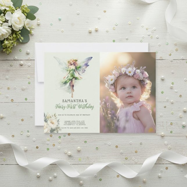 Invitation au premier anniversaire de fée | Vert p (Créateur téléchargé)