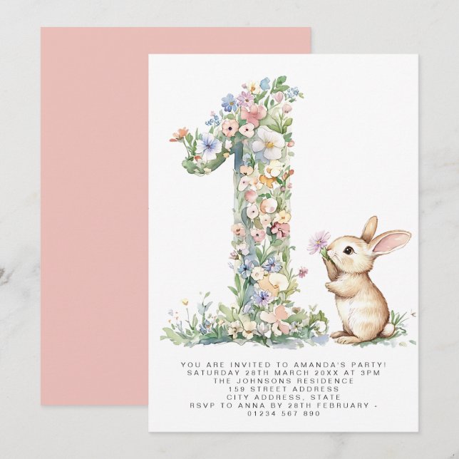 Invitation au premier anniversaire Floral One & Bu (Devant / Derrière)