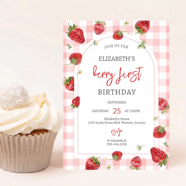 Invitation au premier anniversaire Strawberry Berr (Créateur téléchargé)