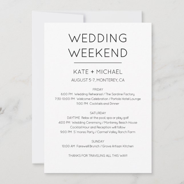 Invitation au programme de weekend de mariage élég (Devant)
