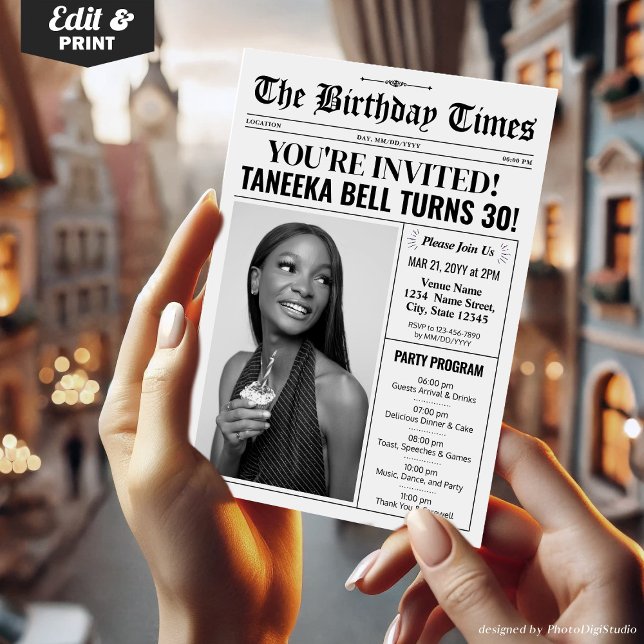 Invitation au programme du journal du 30e annivers (30th Birthday Newspaper Invitations with Program)