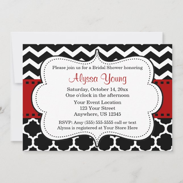 Invitation au Quatrefoil rouge et noir de Chevron (Devant)
