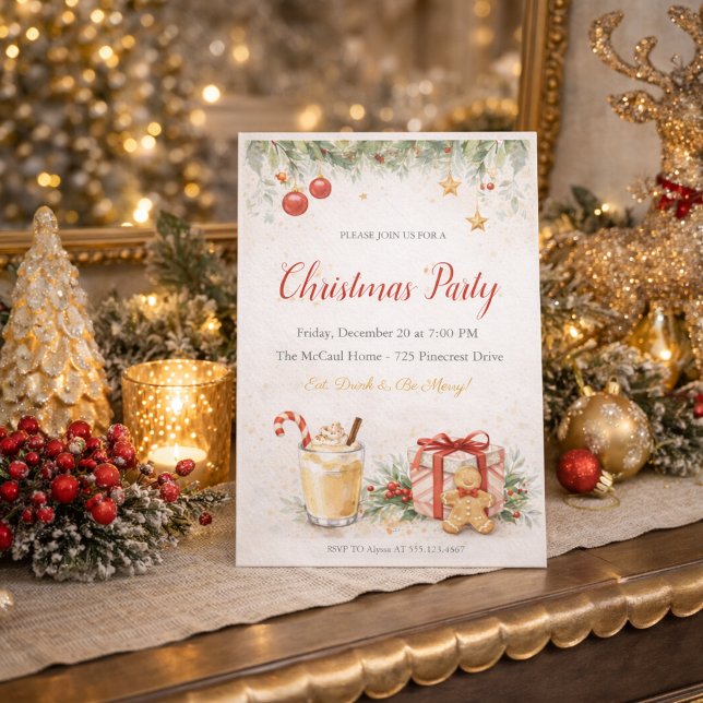 Invitation au rassemblement de la joie des Fêtes (Set the tone for a holiday gathering with festive reds, warm drinks, and home celebration)