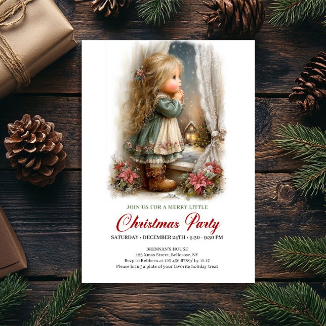 Invitation au rassemblement des fêtes avec une fil (Holiday Get Together Invite Cute Girl Christmas Scene)