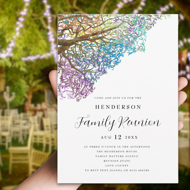 Invitation au rassemblement familial de l'arbre co (Colorful tree branches watercolor family reunion invitation Modern elegant script )