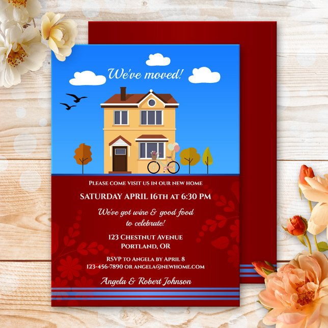 Invitation au réchauffement de la maison individue (Housewarming party invitation featuring a cartoon design of a detached house and bike with balloons)