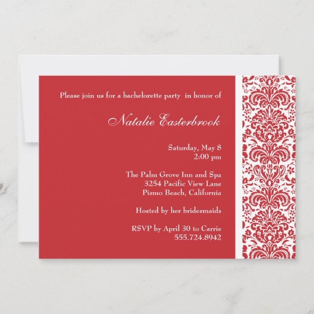 Invitation au Red Damask Bachelorette Party (Devant)