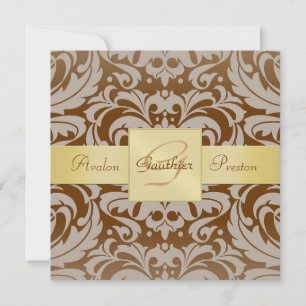 Invitation au ruban d'or Brown Damask Monogramme