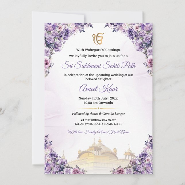 Invitation au Sukhmani Sahib Path pour un mariage  (Devant)