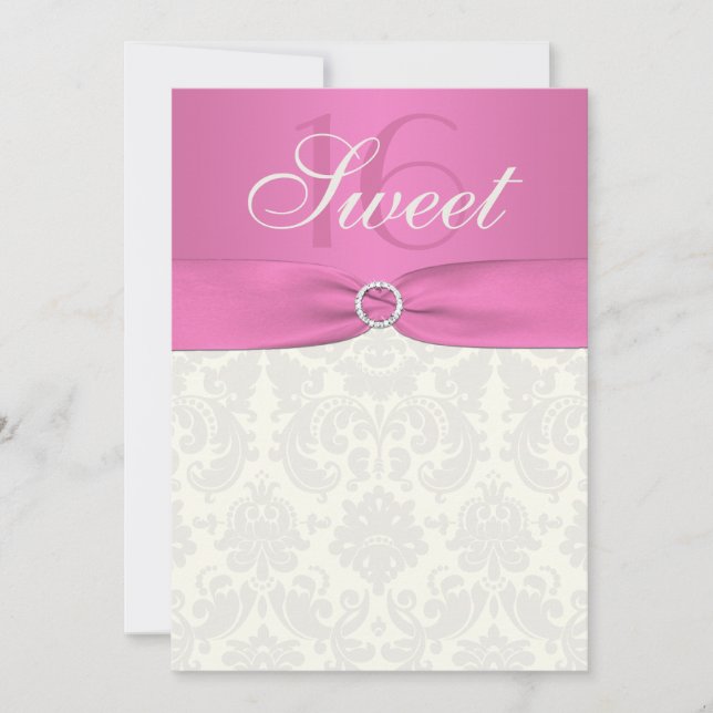 Invitation au Sweet sixteen de Damas rose et ivoir (Devant)