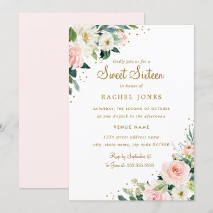 Invitation au Sweet sixteen d'or rose floral
