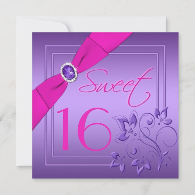 Invitation au Sweet sixteen floral rose et violet (Devant)