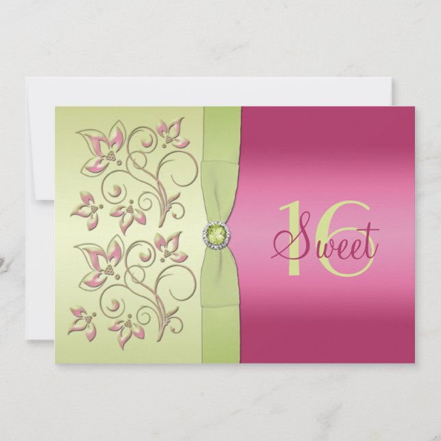 Invitation au Sweet sixteen floral vert et rose (Devant)