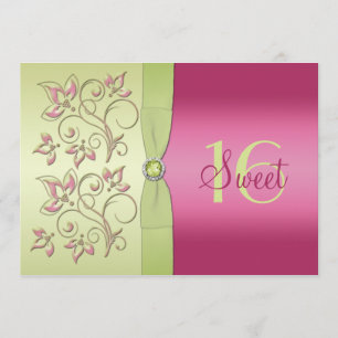 Invitation au Sweet sixteen floral vert et rose