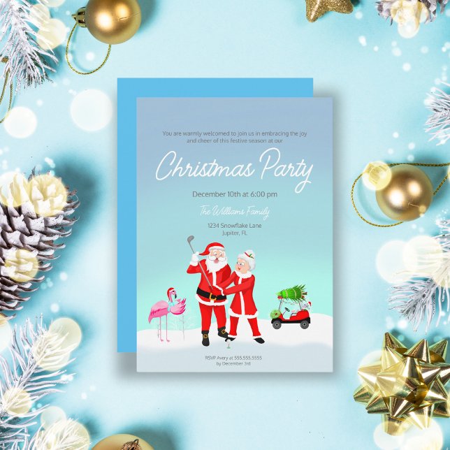 Invitation au swing de golf de Santa et Mme Claus (Swing into the holidays with Santa and Mrs. Claus! Reindeer and flamingo-approved golf lessons.)