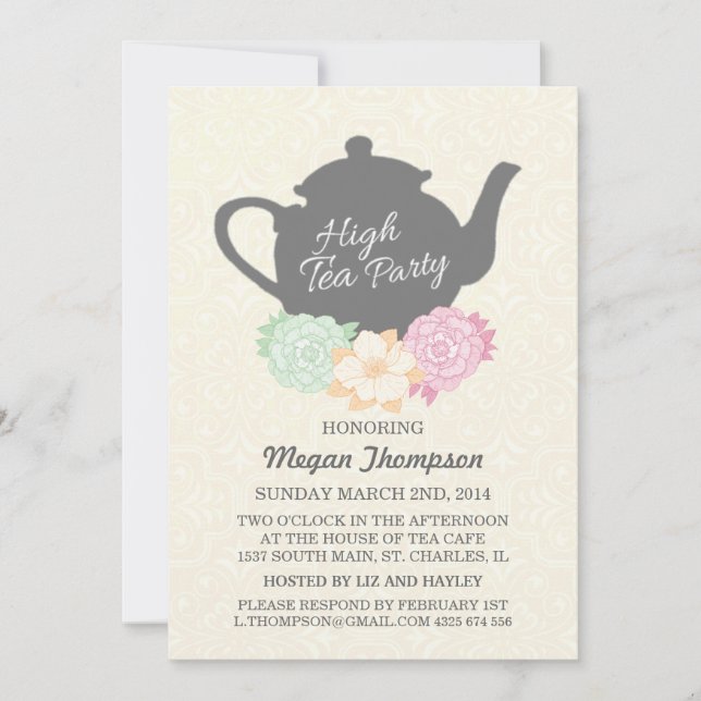 Invitation au thé élégant Damask & Téière (Devant)