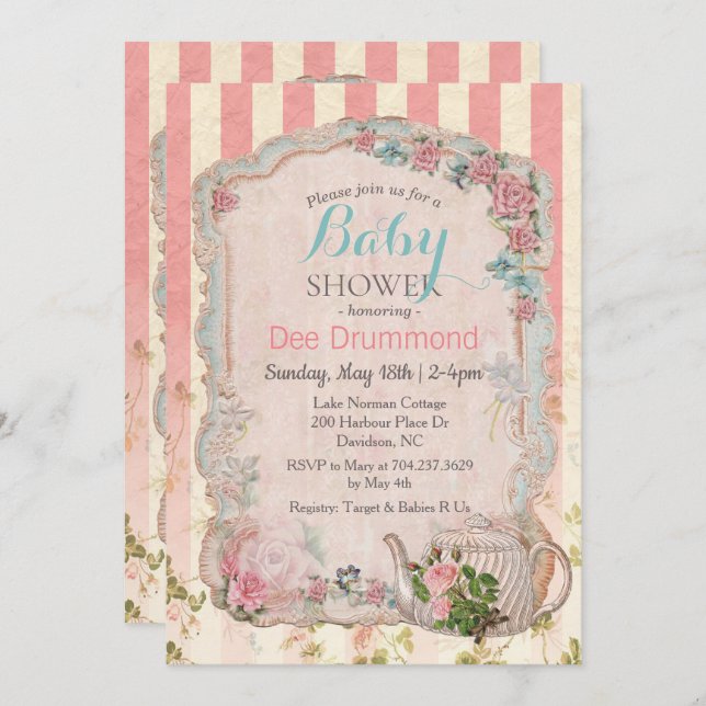 Invitation au thé vintage Baby shower floral (Devant / Derrière)