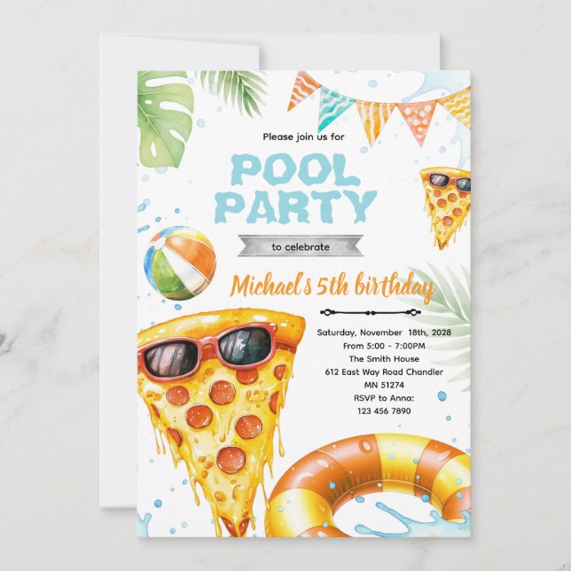 Invitation au thème de fête à la piscine pizza mig (Devant)