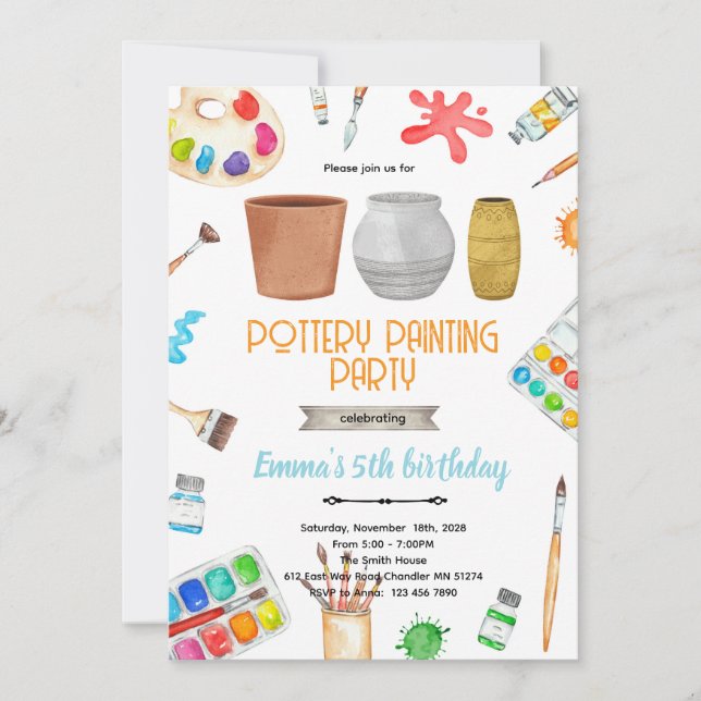 Invitation au thème de fête de peinture de poterie (Devant)