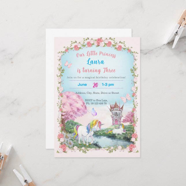 Invitation au thème de petite princesse. Fête pour (Devant/Arrière en situation)