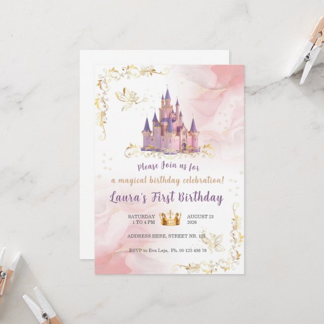 Invitation au thème de petite princesse. Fête pour (Devant/Arrière en situation)