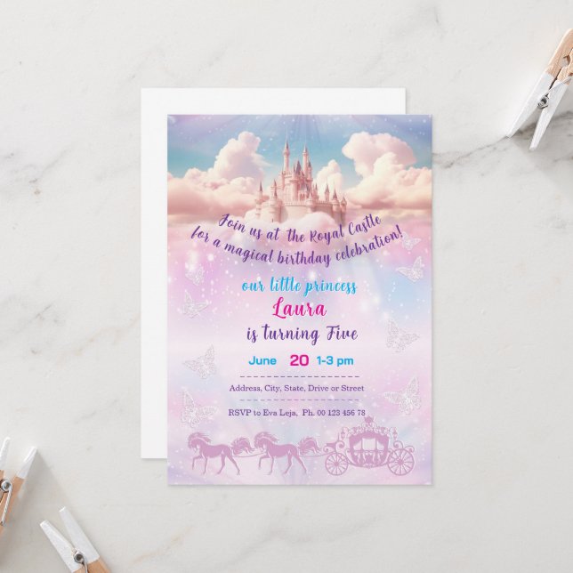 Invitation au thème de petite princesse. Fête pour (Devant/Arrière en situation)