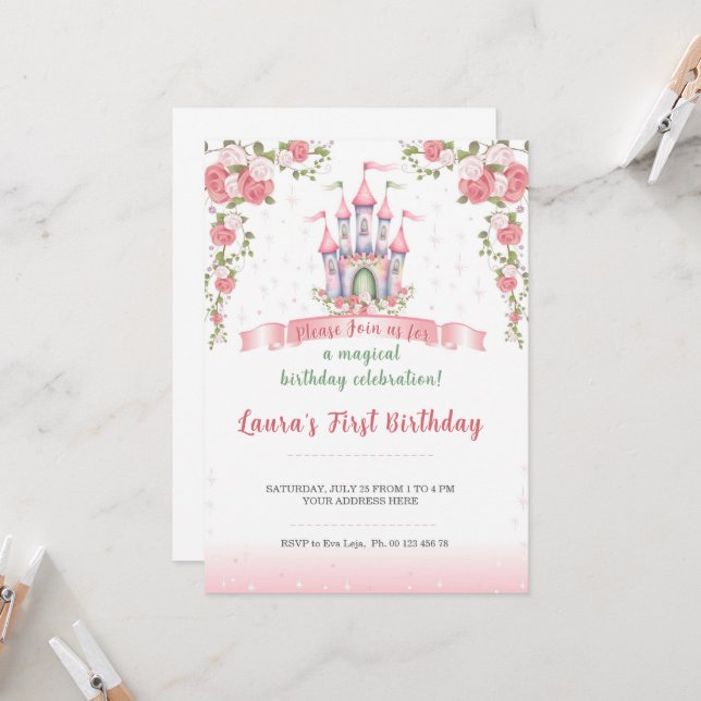 Invitation au thème de petite princesse. Fête pour (Devant/Arrière en situation)